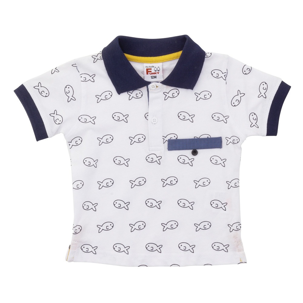 Funky Μπλούζα Πόλο Αγόρι Μηνών Χρώμα Λευκό Ολόσωμο Τύπωμα Μπλε