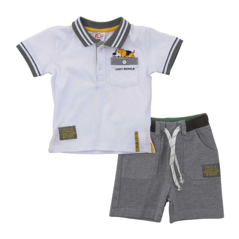 Funky Σετ Mπλούζα Πολο Βερμούδα Πικέ Αγόρι Μηνών Λευκό Γκρι Πορτοκαλί