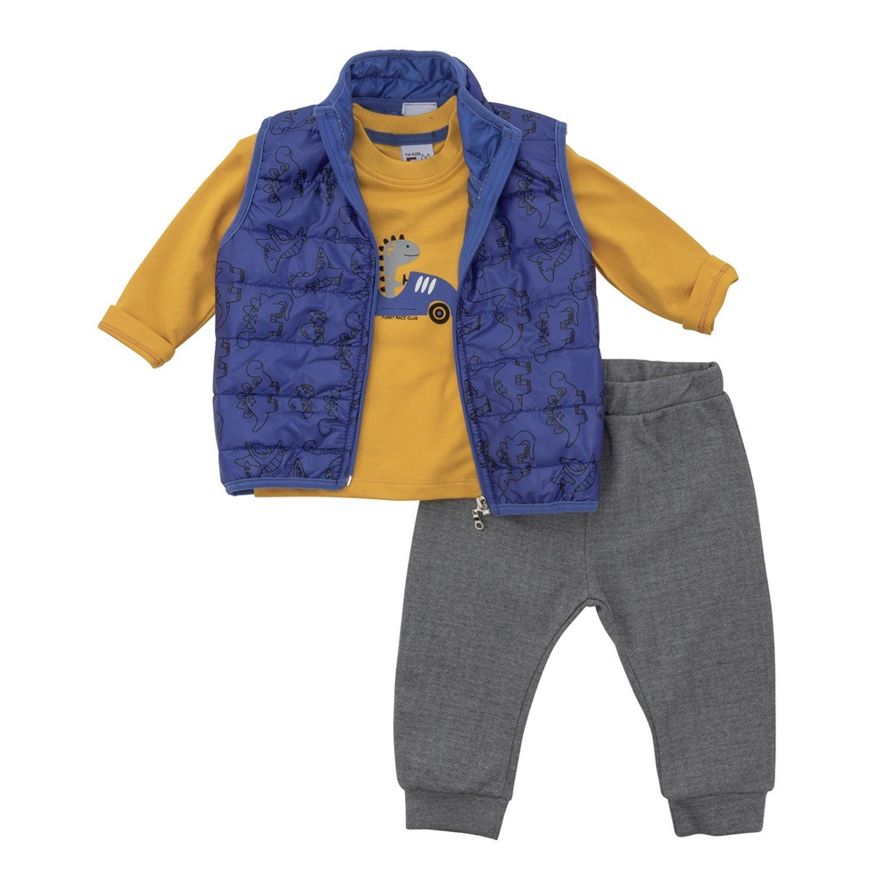 Funky Σετ 3 τμχ Αγόρι Μηνών Ρουά με Τύπωμα - Μουσταρδί/Γκρι