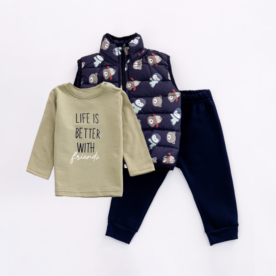 Σετ 3 τμχ για αγόρι με αμάνικο τζάκετ σε χρώμα μπλέ με ολόσωμο τύπωμα-ανοιχτό λαδί-μπλέ