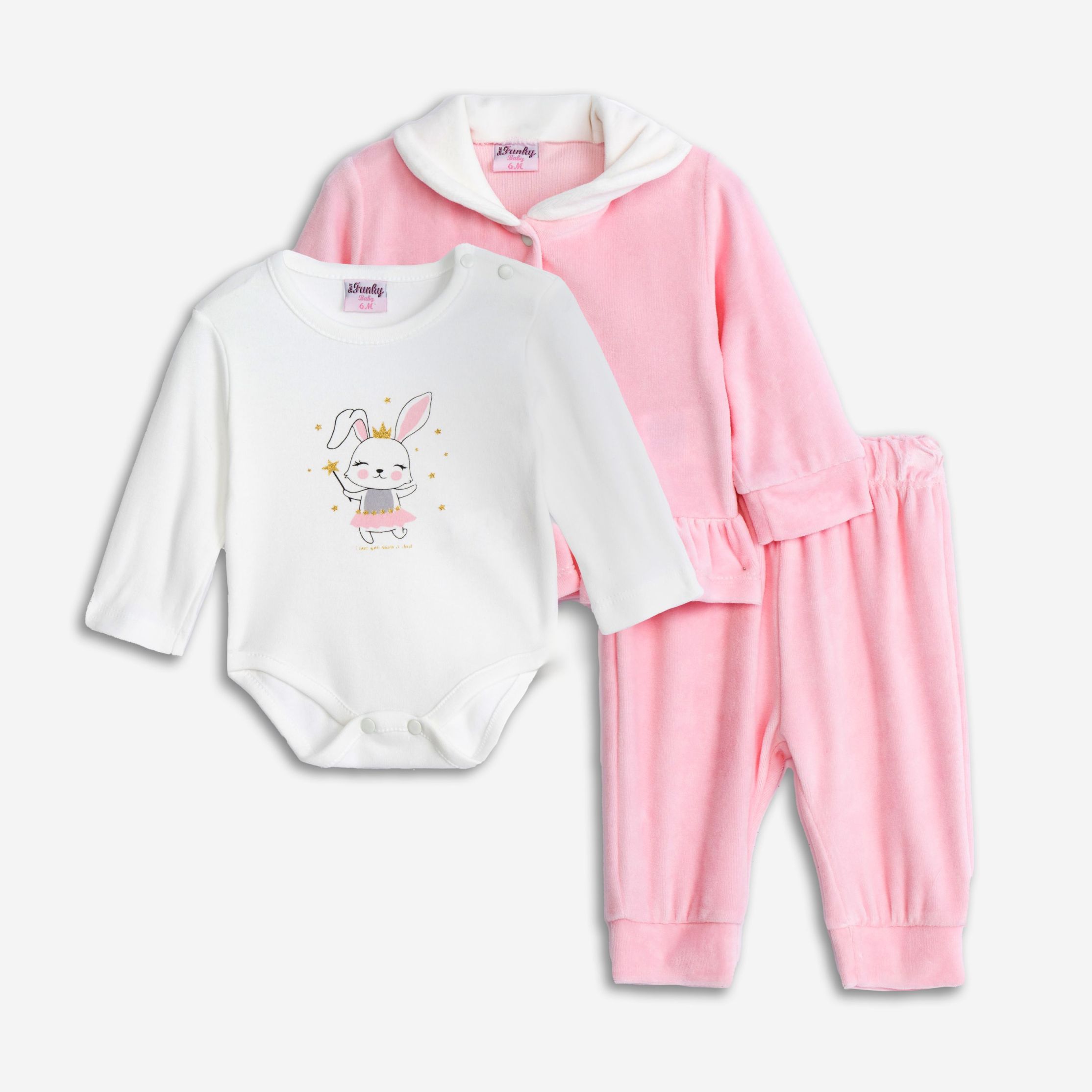 σετ 3 τεμαχια βελουτε+ιντερλοκ κοριτσι ροζ-εκρου/εκρου/ροζ