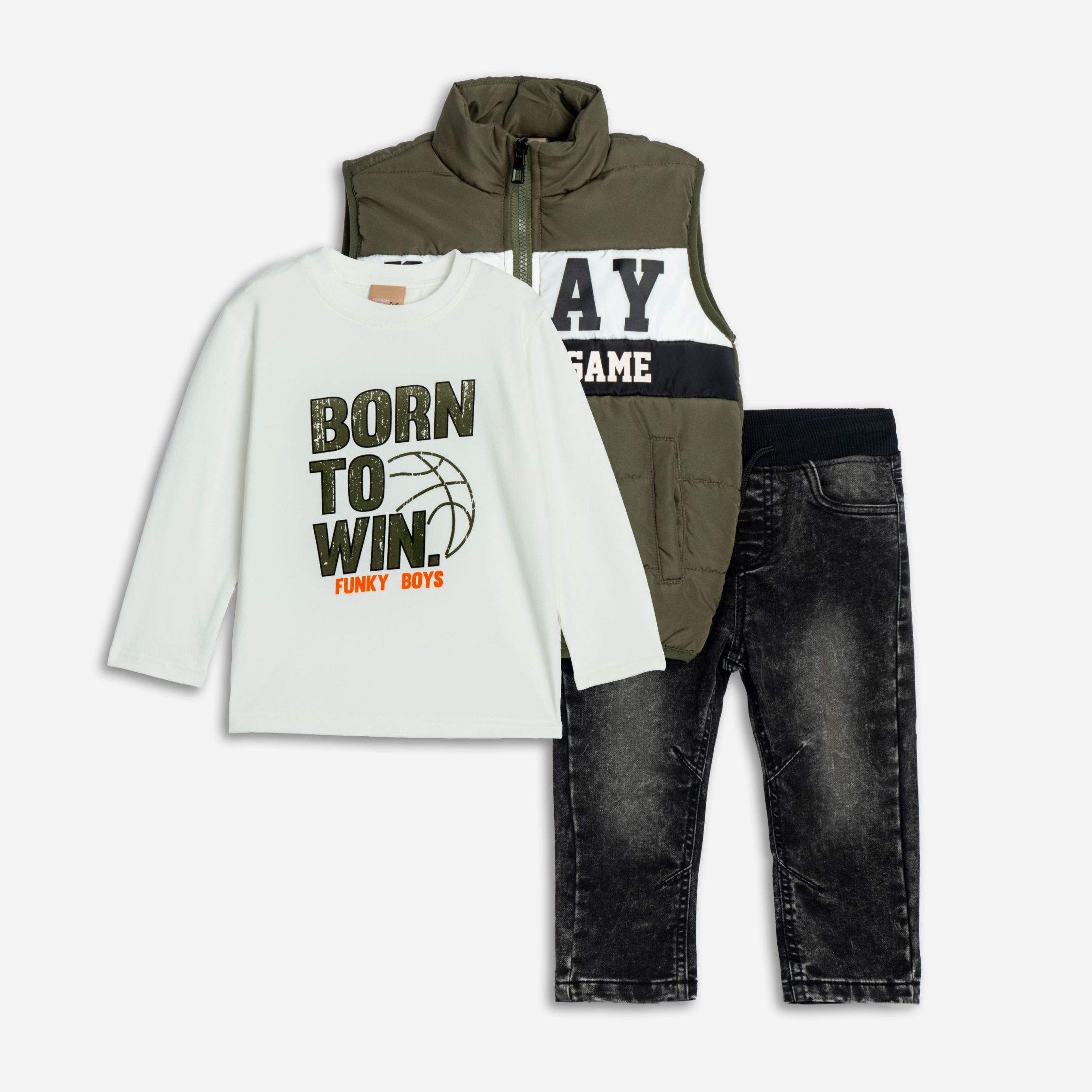 σετ 3 τεμαχια τζακετ αμανικο αγορι χακι/εκρου/μαυρο τζιν