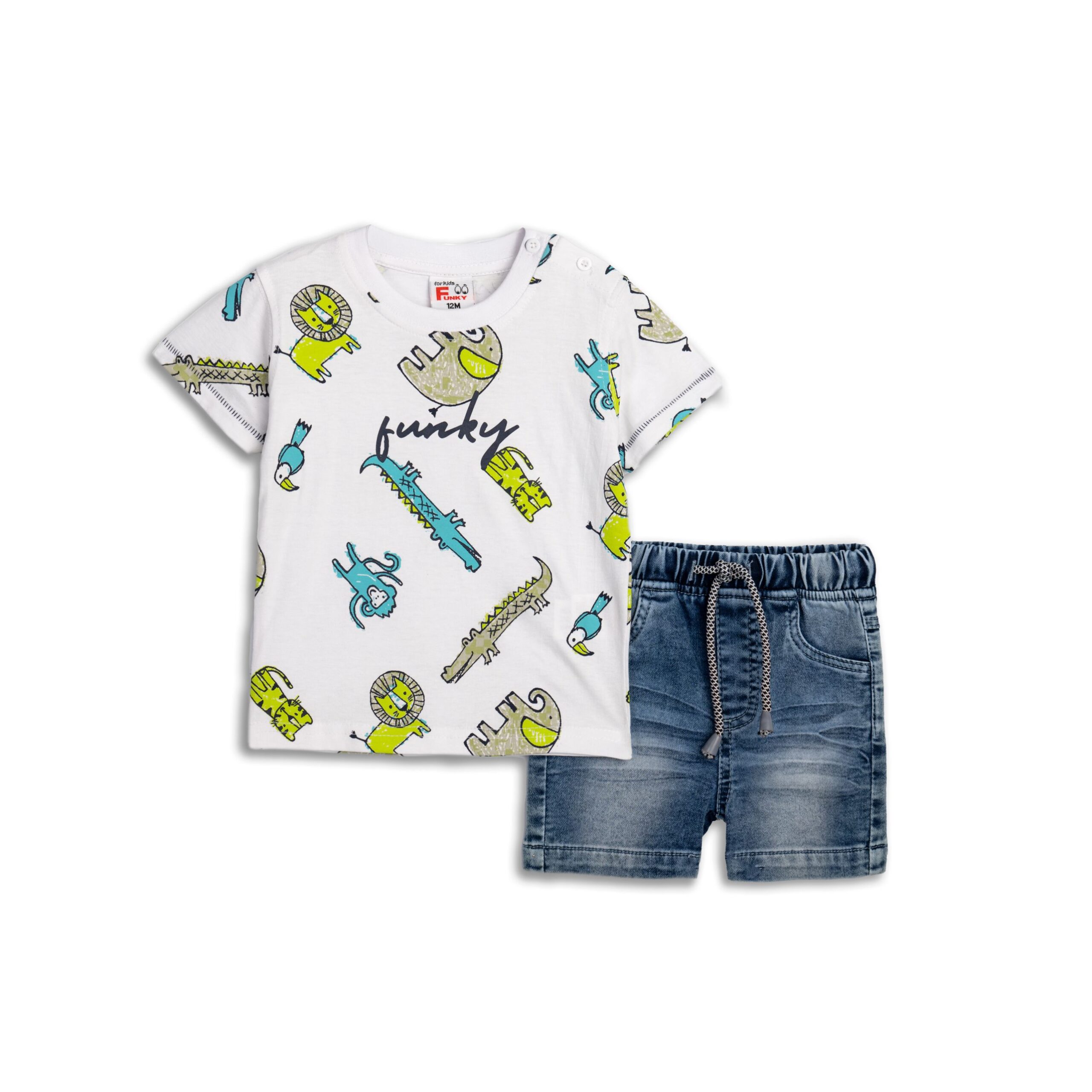 Σετ φουτερ τζιν οε για αγορι 6-24 μηνων σε χρωμα λευκο allover/μπλε τζιν