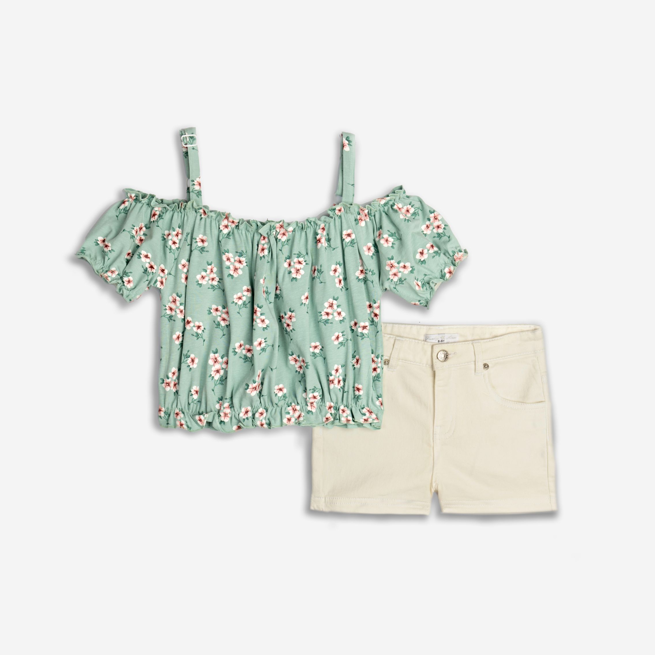 Σετ σορτς τζιν λυκρα κοριτσι σκουρο φυστικι allover/ λευκο